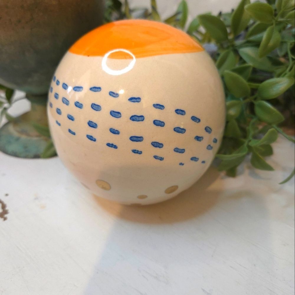 Pier 1 Imports Vintage Handcrafted Ceramic Sphere with Orange and Blue Accents